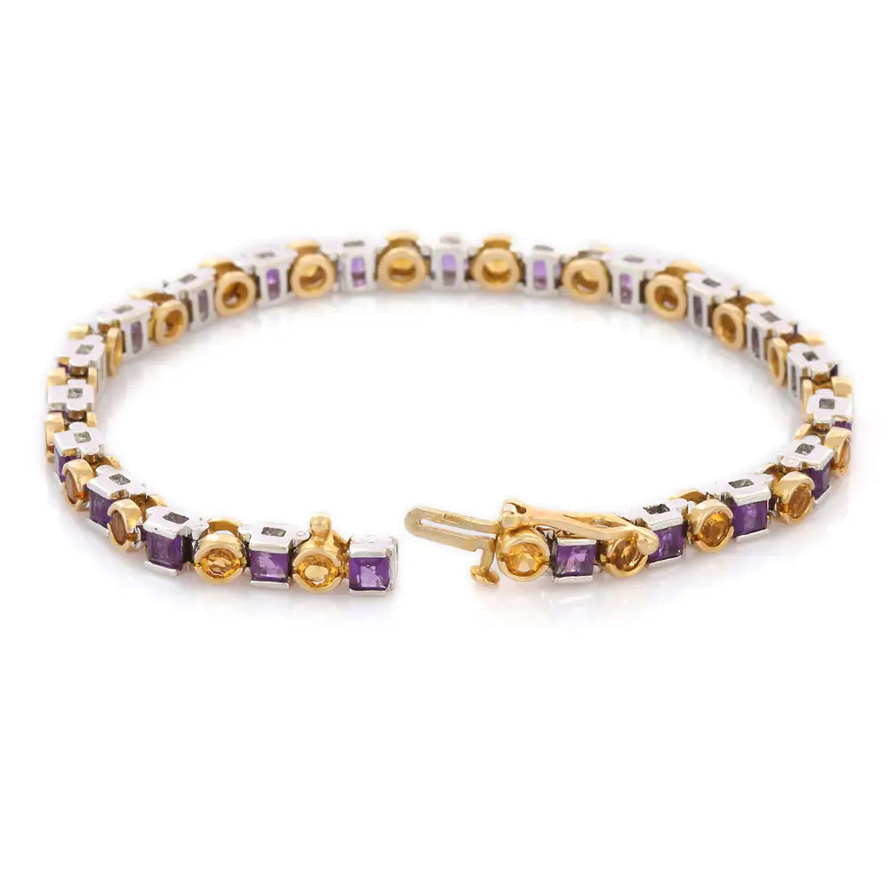 Handmade Jewelry Natural Amethyst and Citrine 14K Solid Yellow Gold Tennis Bracelet