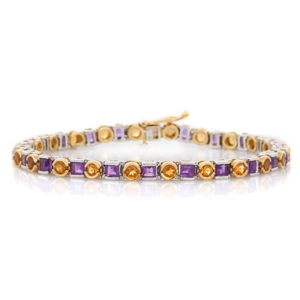 Handmade Jewelry Natural Amethyst and Citrine 14K Solid Yellow Gold Tennis Bracelet