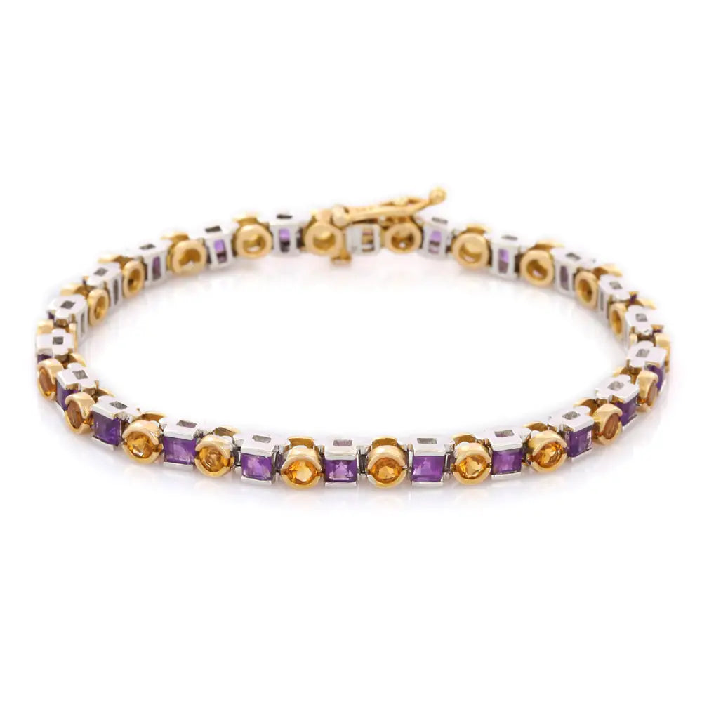 Handmade Jewelry Natural Amethyst and Citrine 14K Solid Yellow Gold Tennis Bracelet