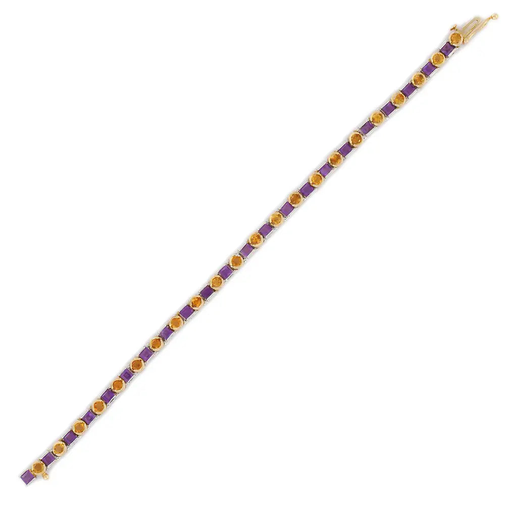 Handmade Jewelry Natural Amethyst and Citrine 14K Solid Yellow Gold Tennis Bracelet