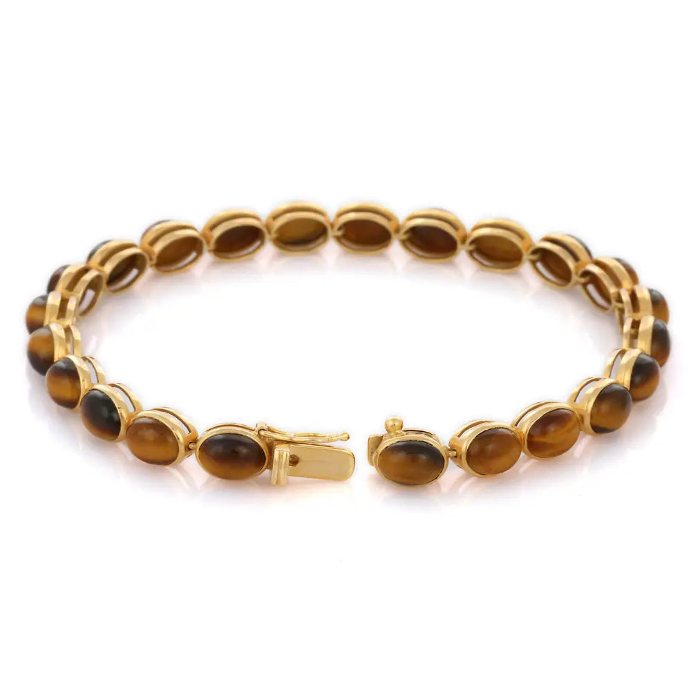 Trending Semi Precious Natural Tiger Eye 18K Solid Yellow Gold Gemstone Bracelet