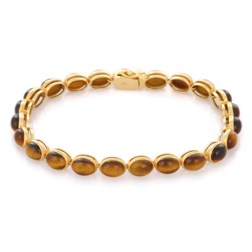 Trending Semi Precious Natural Tiger Eye 18K Solid Yellow Gold Gemstone Bracelet