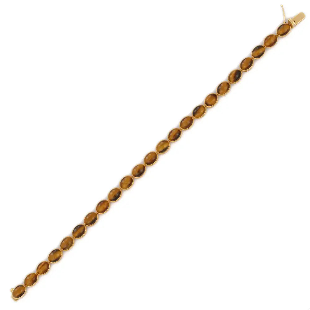 Trending Semi Precious Natural Tiger Eye 18K Solid Yellow Gold Gemstone Bracelet