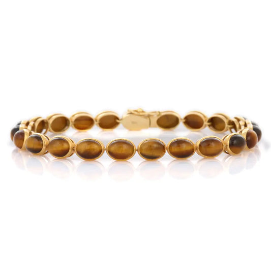 Trending Semi Precious Natural Tiger Eye 18K Solid Yellow Gold Gemstone Bracelet