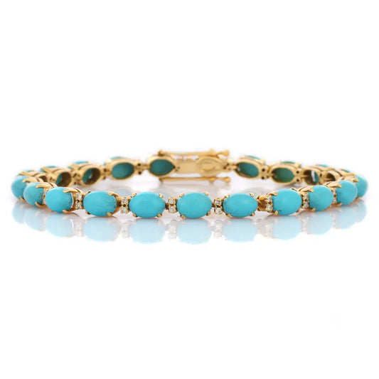 Handmade Jewelry Natural Turquoise & Diamond 18K Yellow Gold Tennis Bracelet