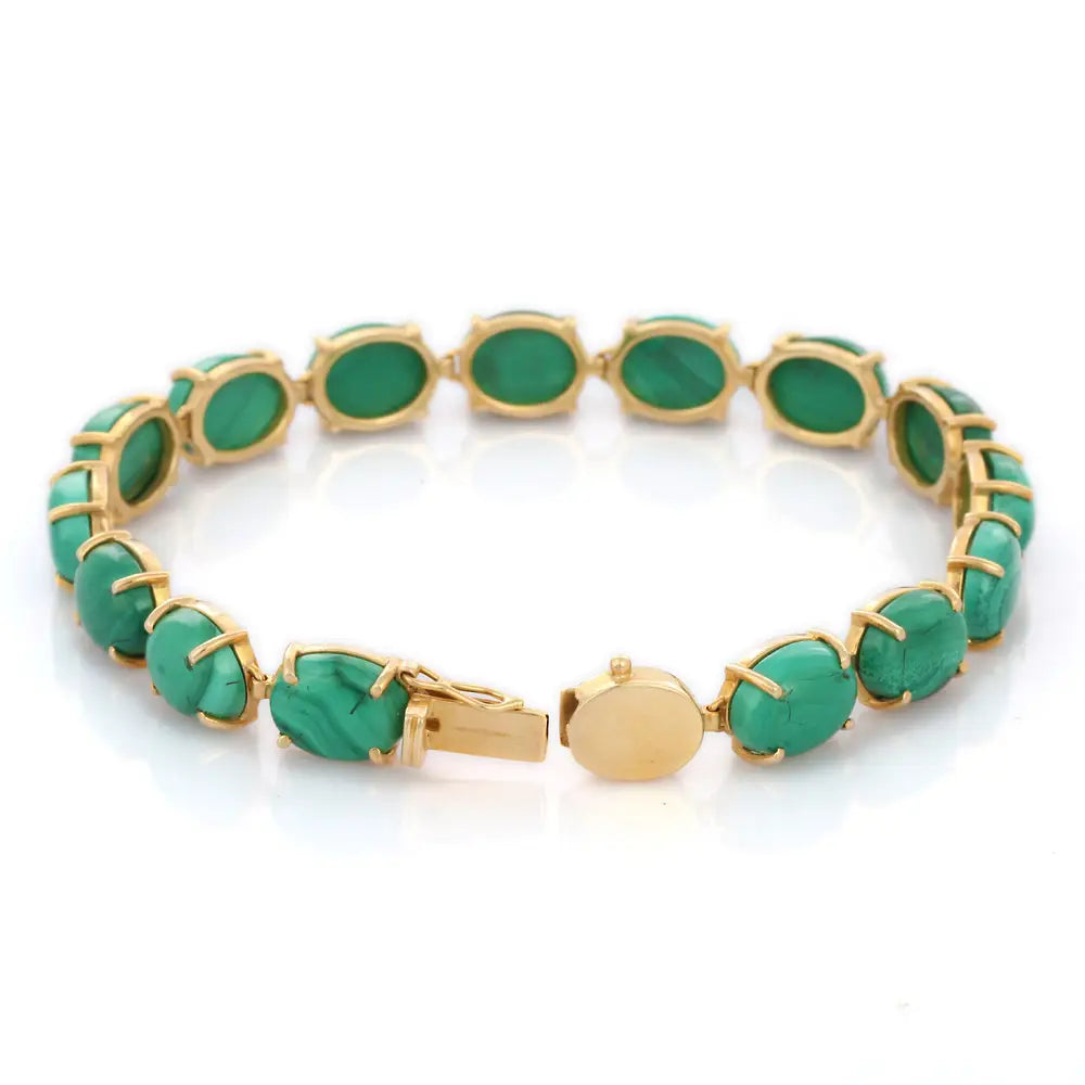 Classic & Unique Natural Oval Malachite 14K Fine Yellow Gold Tennis Bracelet