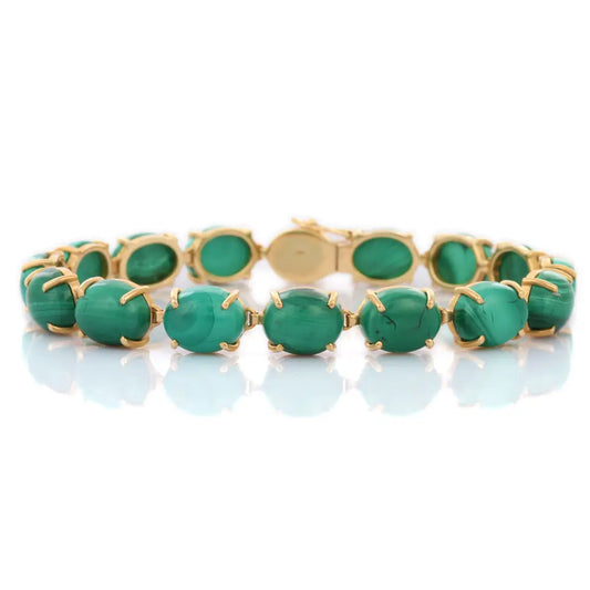 Classic & Unique Natural Oval Malachite 14K Fine Yellow Gold Tennis Bracelet