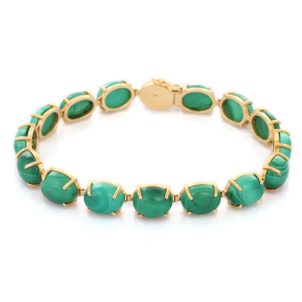 Classic & Unique Natural Oval Malachite 14K Fine Yellow Gold Tennis Bracelet