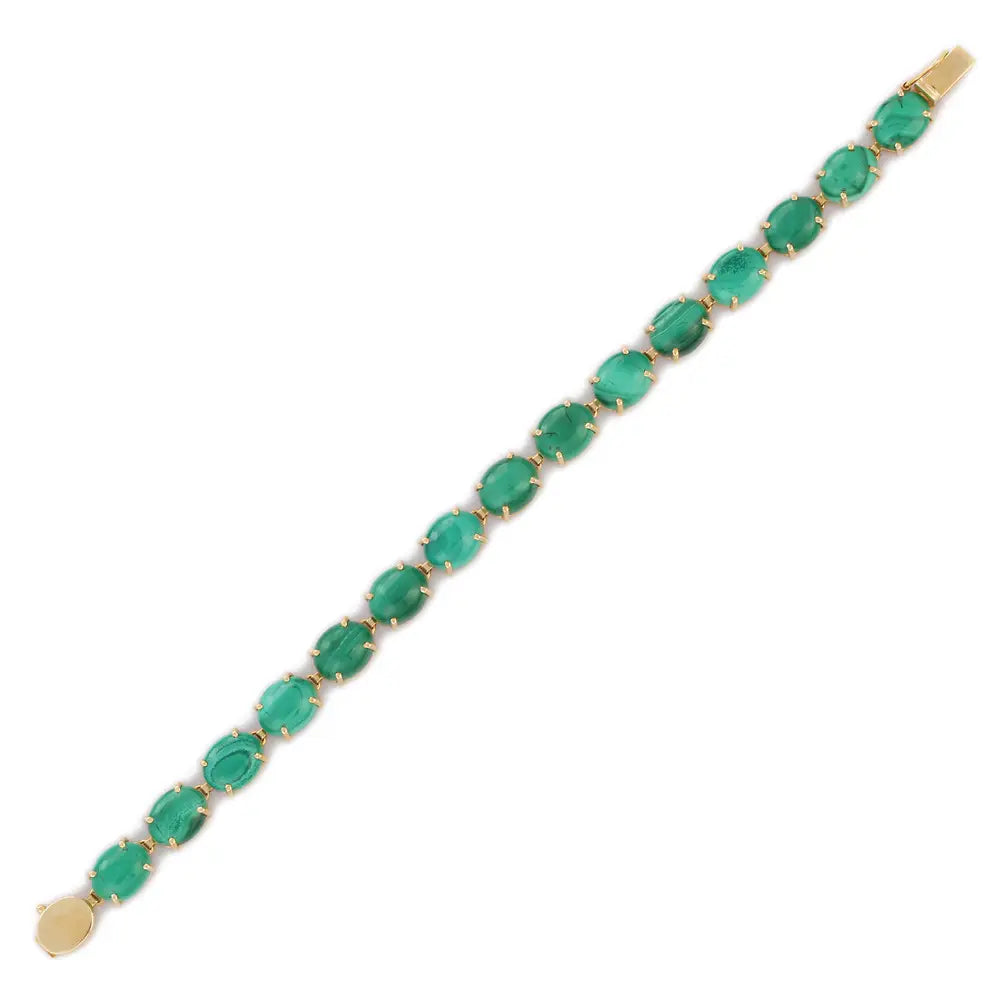 Classic & Unique Natural Oval Malachite 14K Fine Yellow Gold Tennis Bracelet