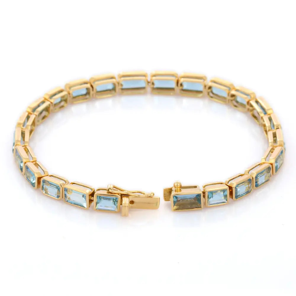 Best Selling Product Natural Octagon Shape Aquamarine 18K Solid Yellow Gold Tennis Bracelet