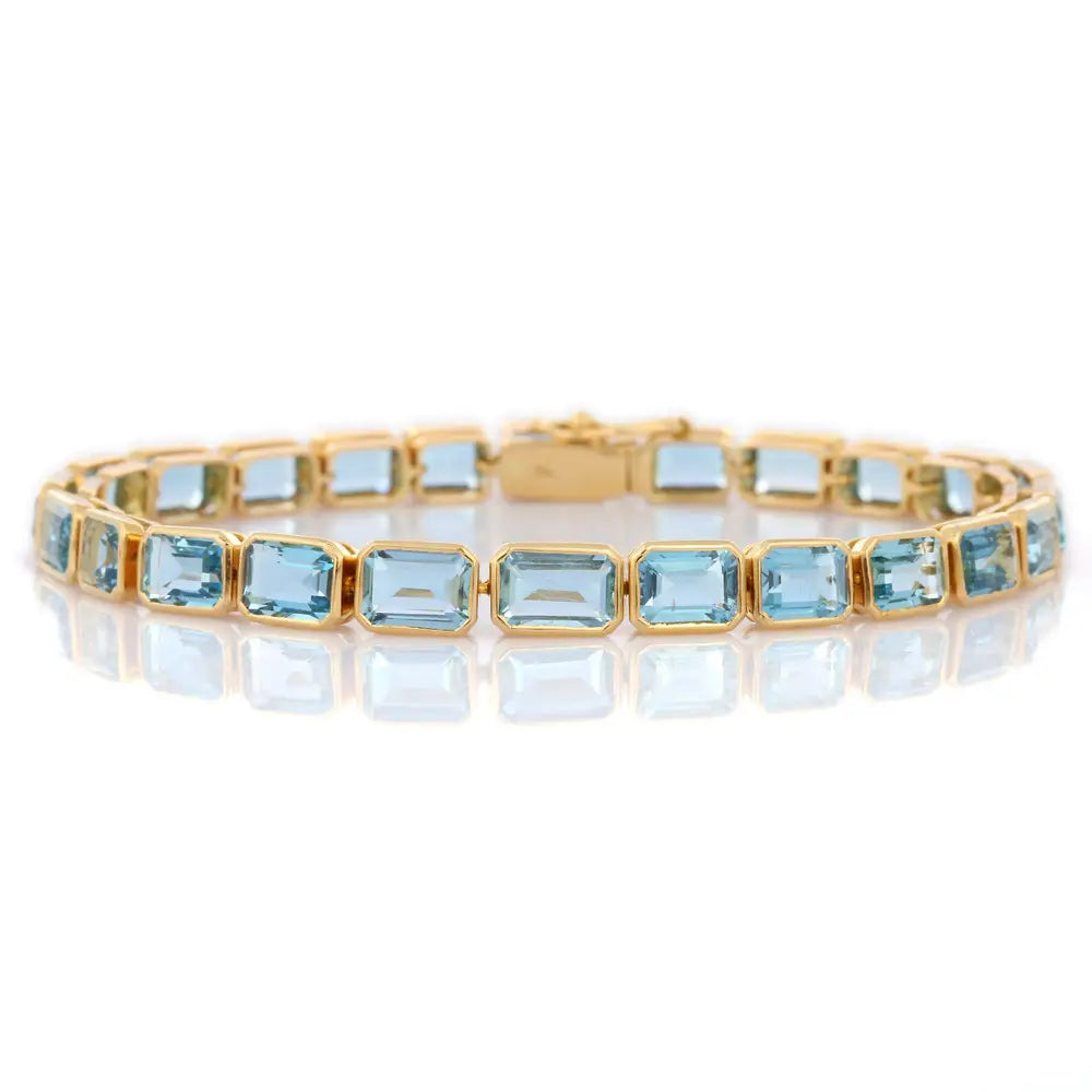 Best Selling Product Natural Octagon Shape Aquamarine 18K Solid Yellow Gold Tennis Bracelet