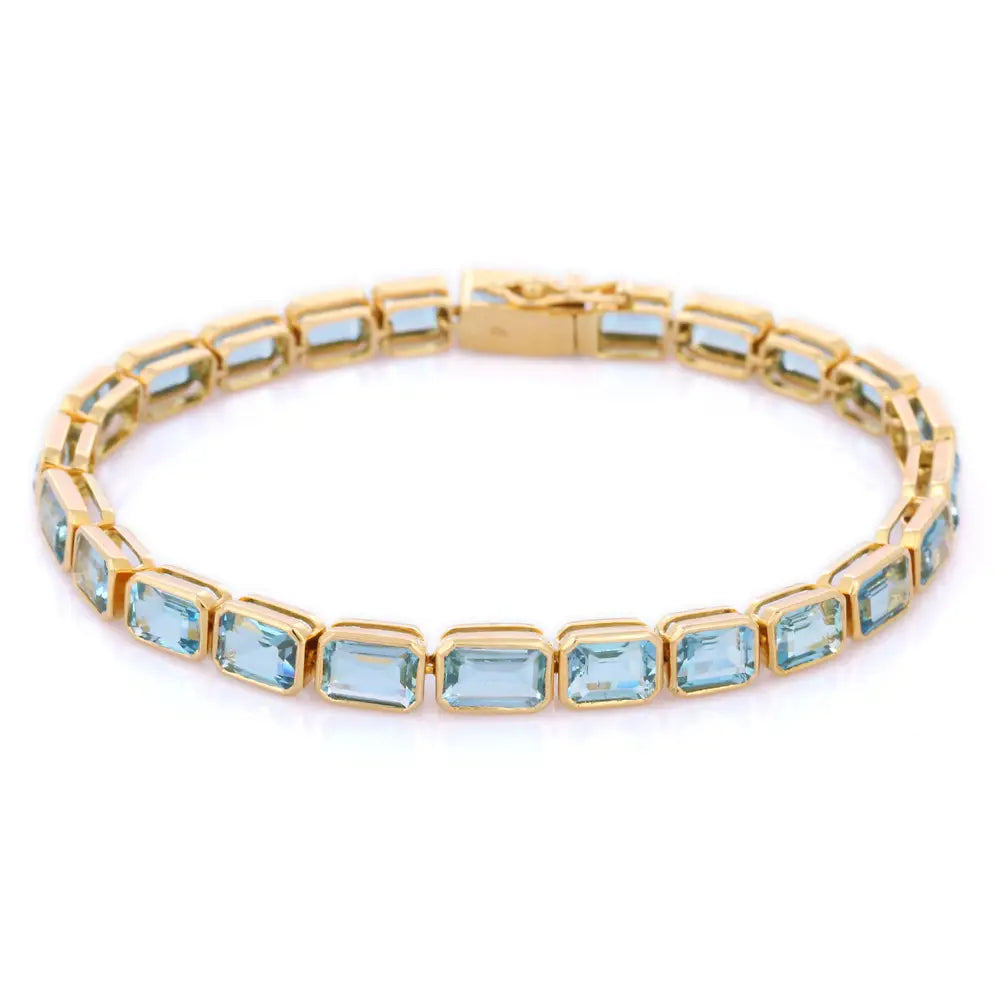 Best Selling Product Natural Octagon Shape Aquamarine 18K Solid Yellow Gold Tennis Bracelet