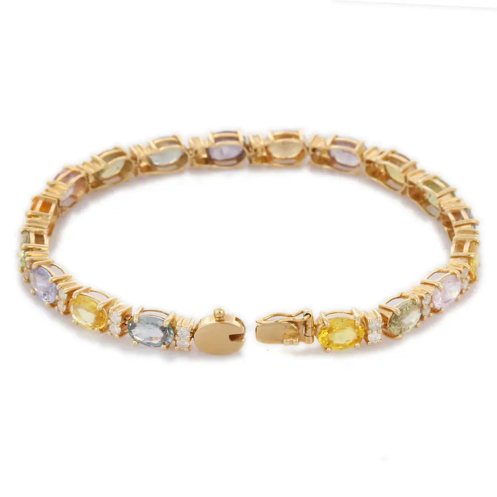 Handmade Jewelry Natural Multi Sapphire and Diamond 14K Solid Yellow Gold Tennis Bracelet