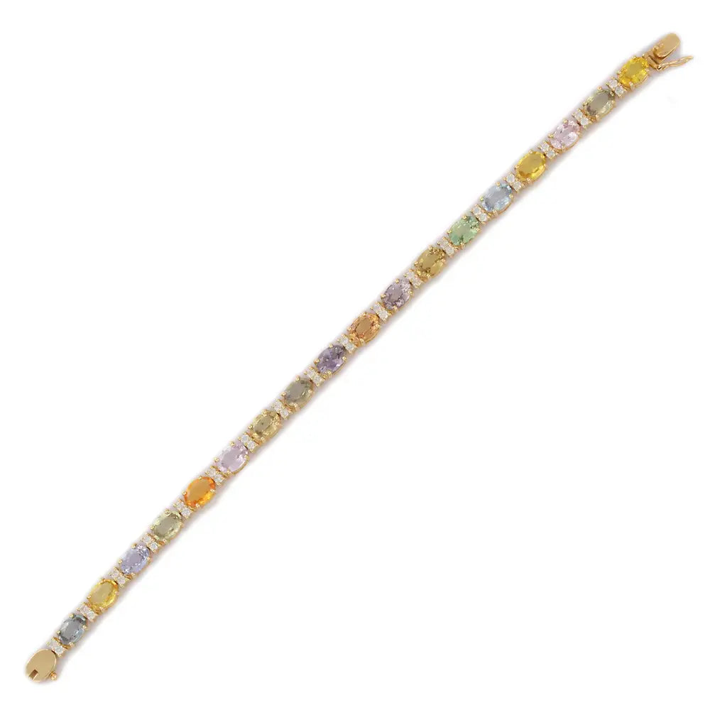 Handmade Jewelry Natural Multi Sapphire and Diamond 14K Solid Yellow Gold Tennis Bracelet