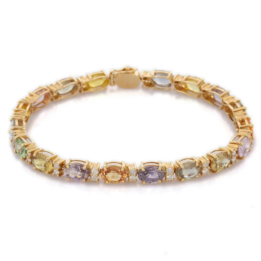 Handmade Jewelry Natural Multi Sapphire and Diamond 14K Solid Yellow Gold Tennis Bracelet