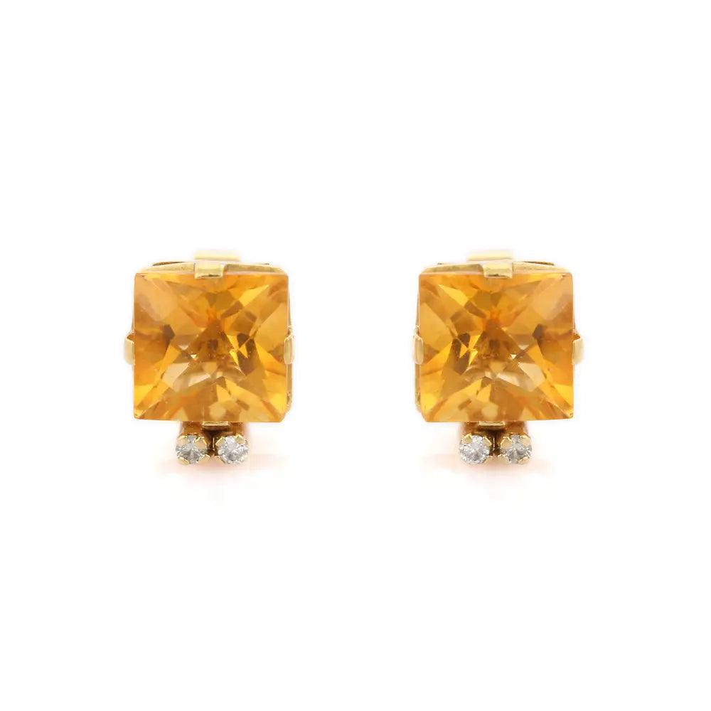 Customization Natural Citrine And Diamond 18K Solid Yellow Gold Gemstone Stud Earring