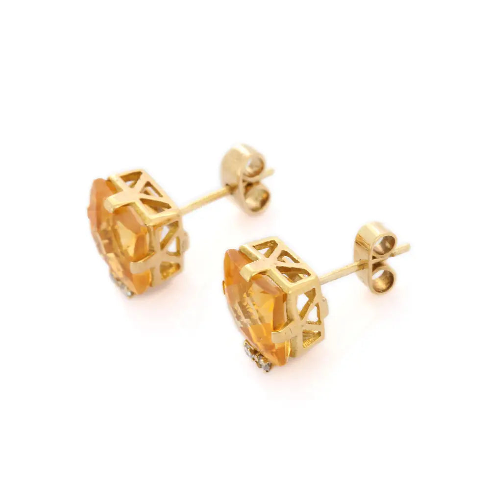 Customization Natural Citrine And Diamond 18K Solid Yellow Gold Gemstone Stud Earring