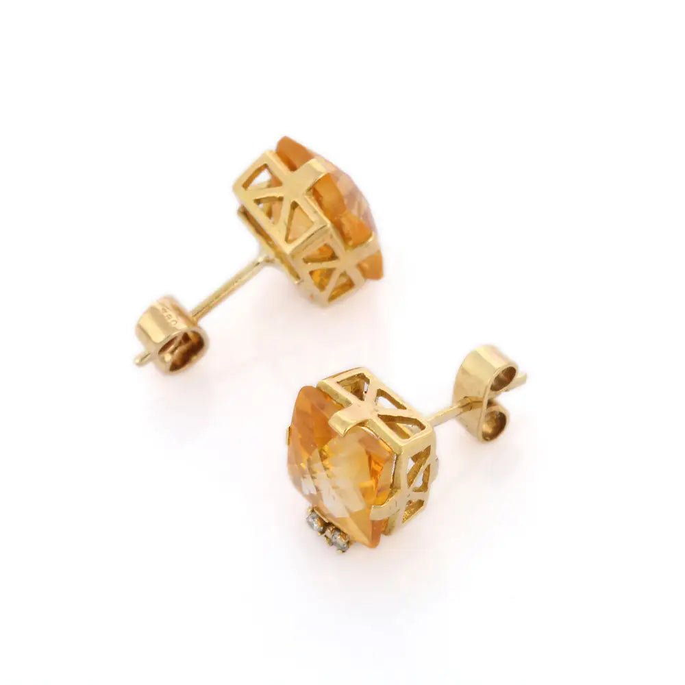 Customization Natural Citrine And Diamond 18K Solid Yellow Gold Gemstone Stud Earring