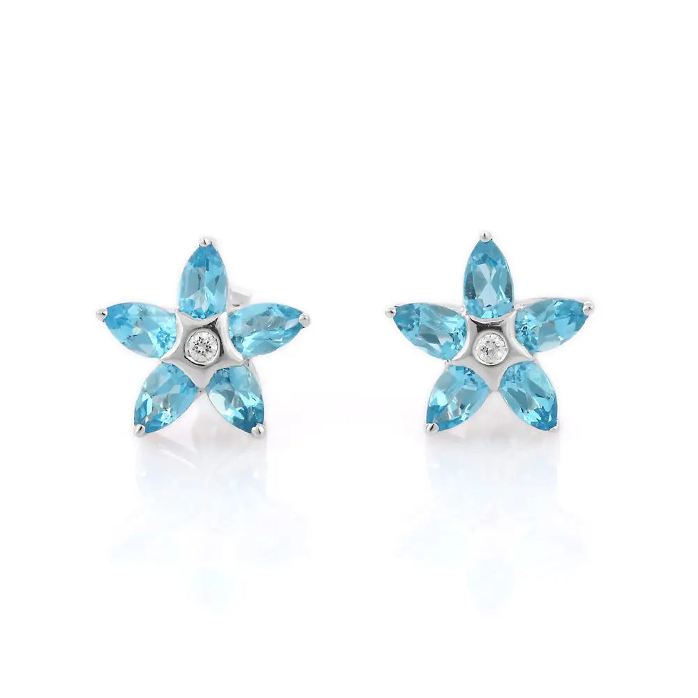 Handmade Jewelry Natural Blue Topaz And Diamond 18K Solid White Gold Stud Earrings