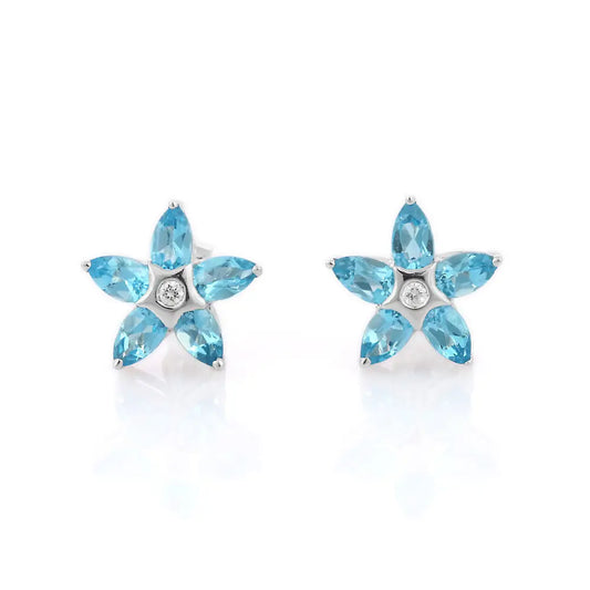 Handmade Jewelry Natural Blue Topaz And Diamond 18K Solid White Gold Stud Earrings