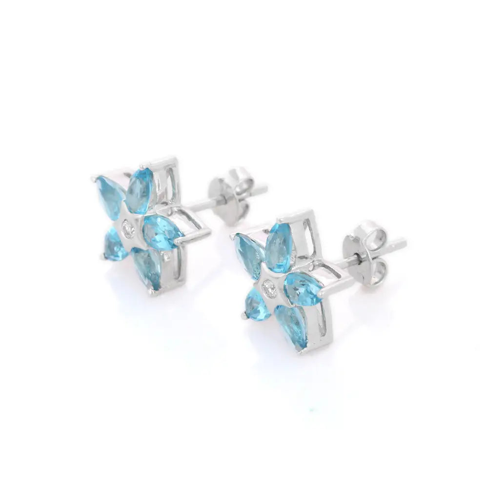 Handmade Jewelry Natural Blue Topaz And Diamond 18K Solid White Gold Stud Earrings