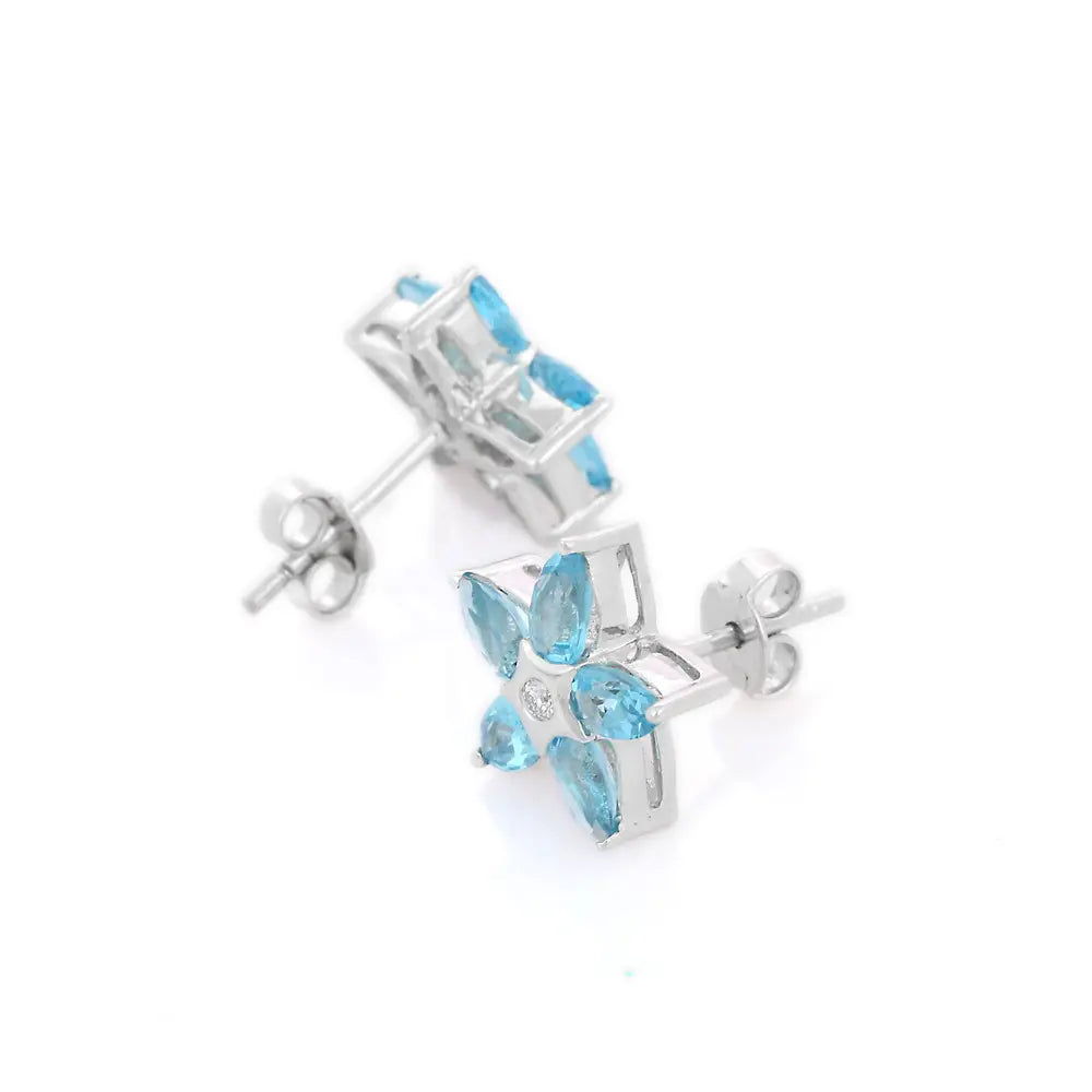 Handmade Jewelry Natural Blue Topaz And Diamond 18K Solid White Gold Stud Earrings