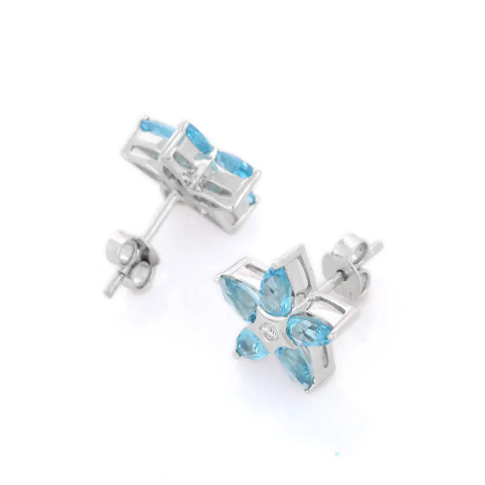 Handmade Jewelry Natural Blue Topaz And Diamond 18K Solid White Gold Stud Earrings