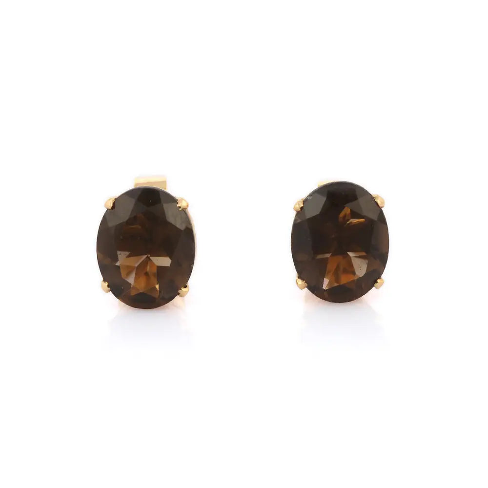 Handmade Jewelry Natural Smoky Topaz 14K Fine Yellow Gold Stud Earrings