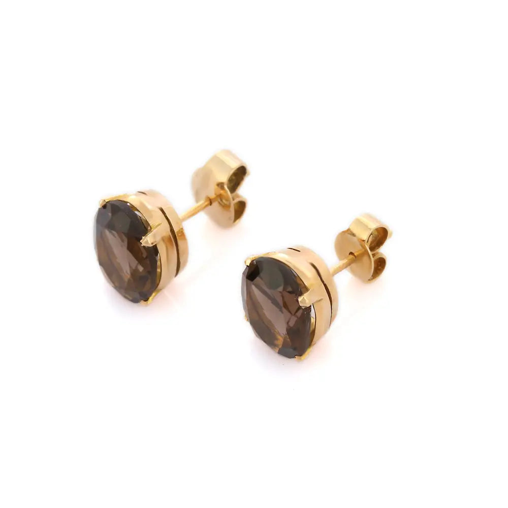 Handmade Jewelry Natural Smoky Topaz 14K Fine Yellow Gold Stud Earrings