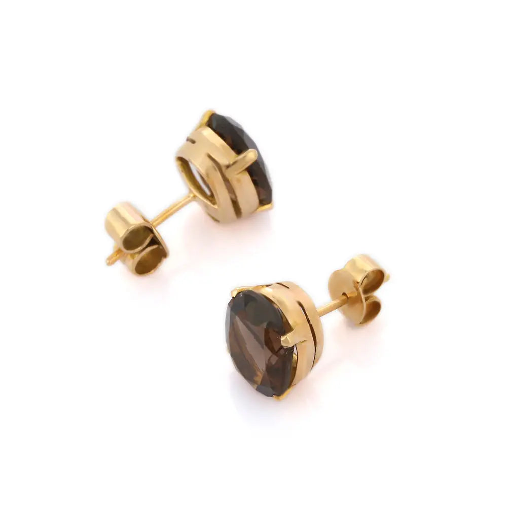 Handmade Jewelry Natural Smoky Topaz 14K Fine Yellow Gold Stud Earrings