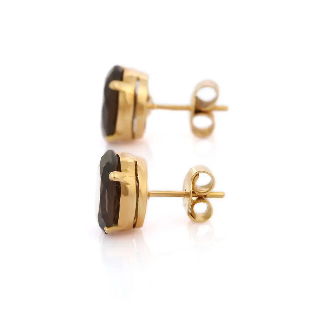 Handmade Jewelry Natural Smoky Topaz 14K Fine Yellow Gold Stud Earrings