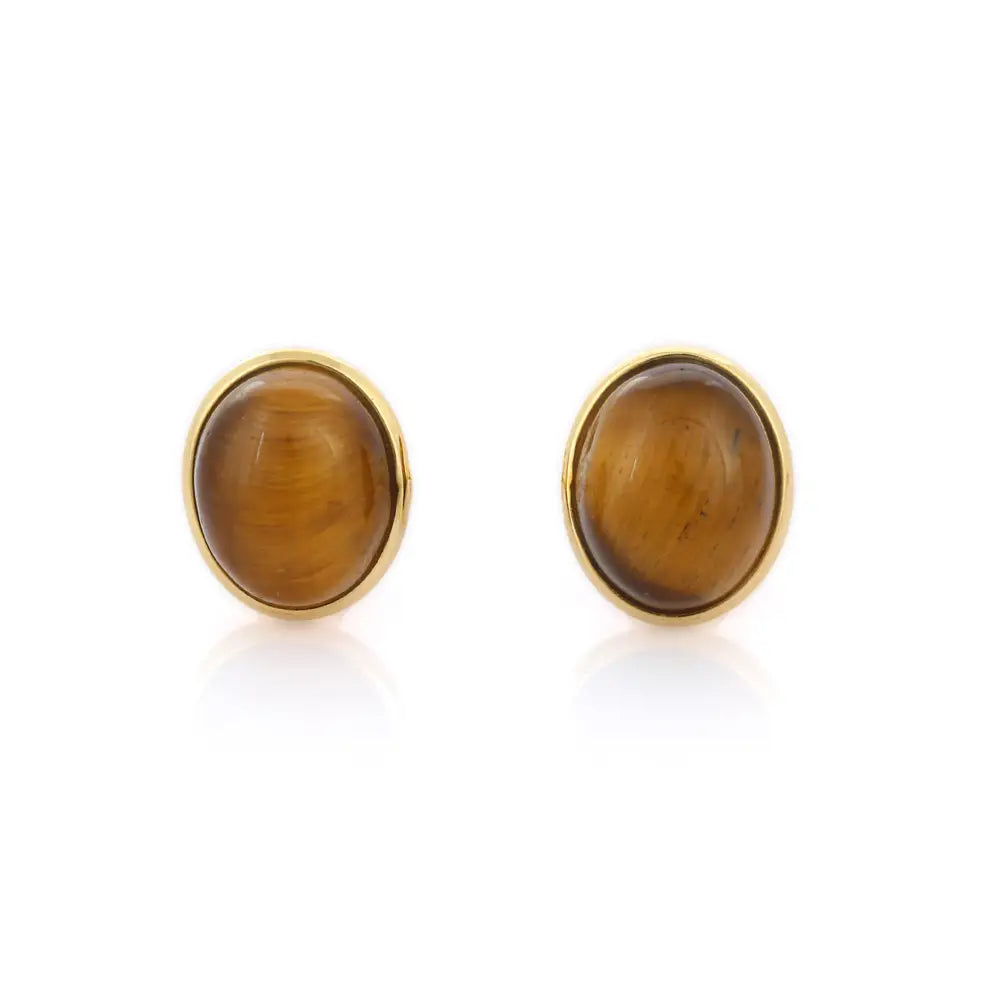 Handcrafted Jewelry Natural Tiger Eye 18K Solid Yellow Gold Stud Earrings