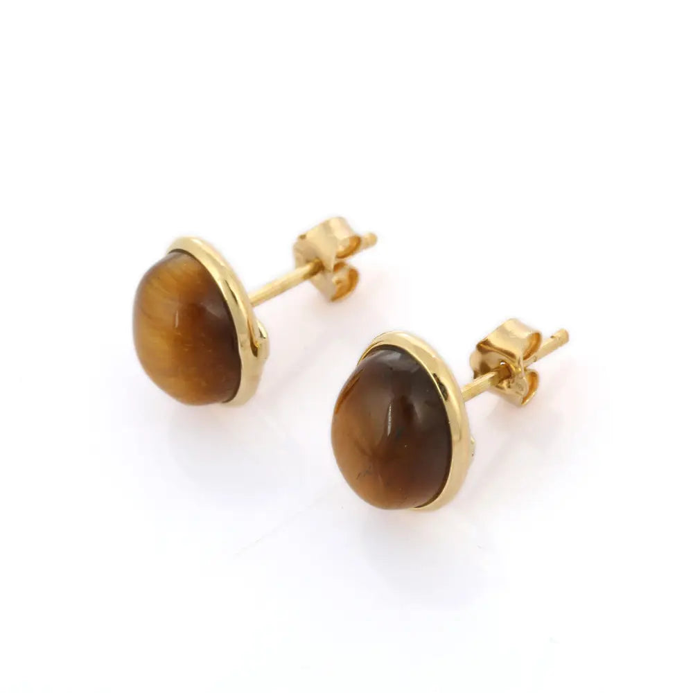 Handcrafted Jewelry Natural Tiger Eye 18K Solid Yellow Gold Stud Earrings