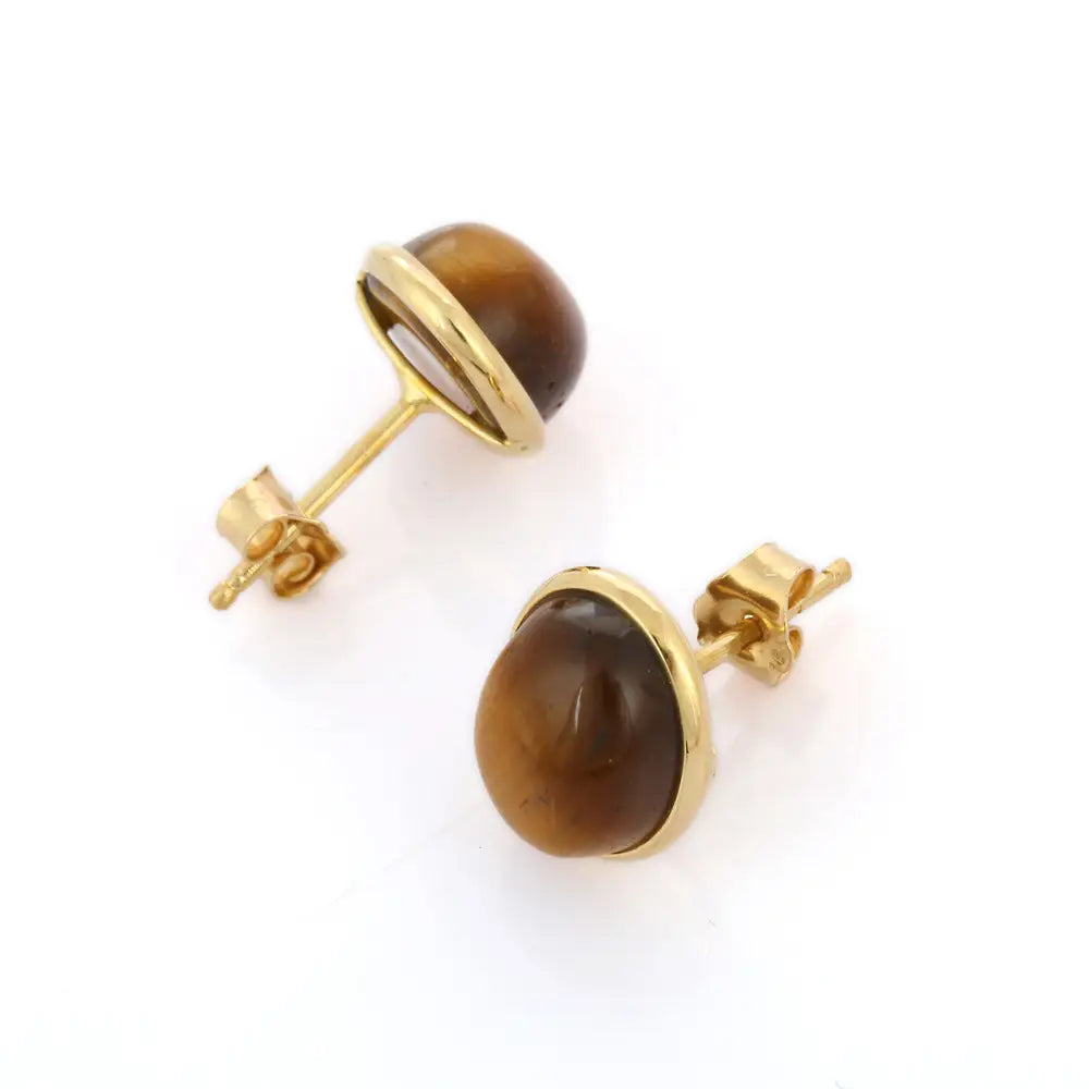 Handcrafted Jewelry Natural Tiger Eye 18K Solid Yellow Gold Stud Earrings