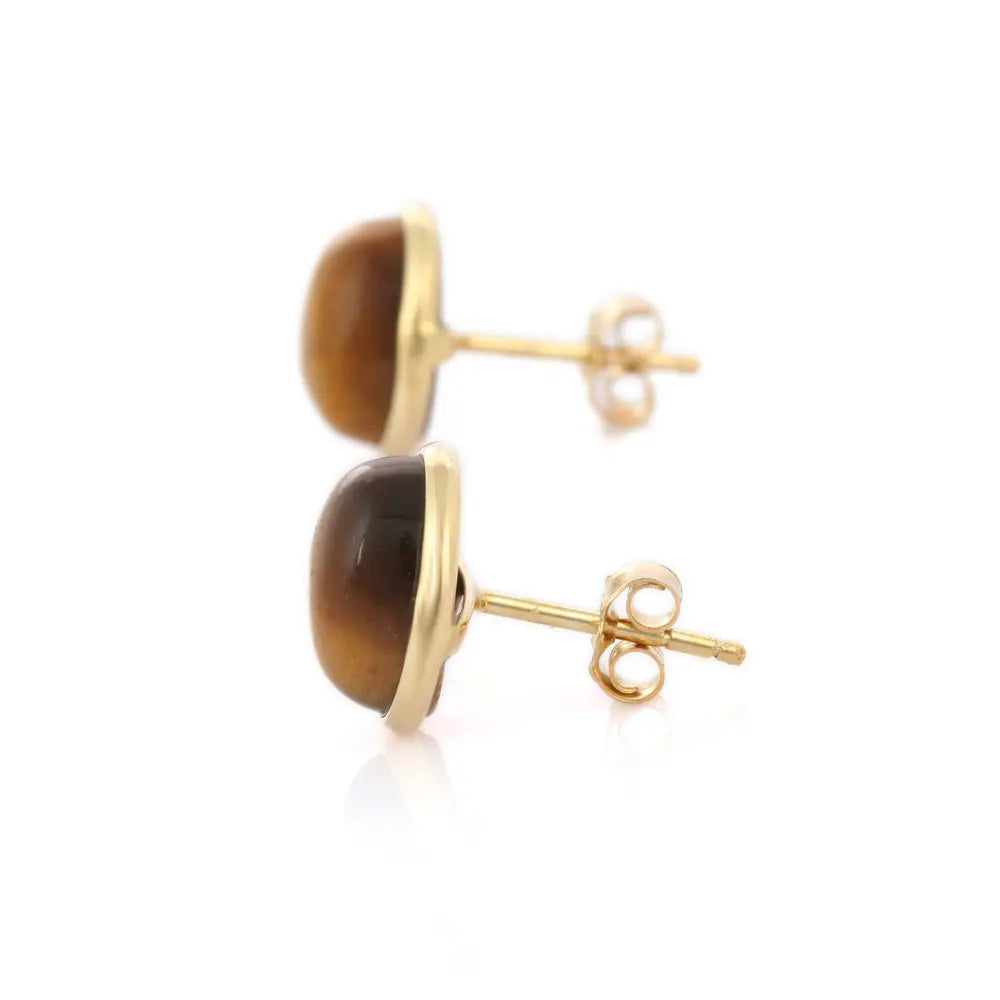 Handcrafted Jewelry Natural Tiger Eye 18K Solid Yellow Gold Stud Earrings