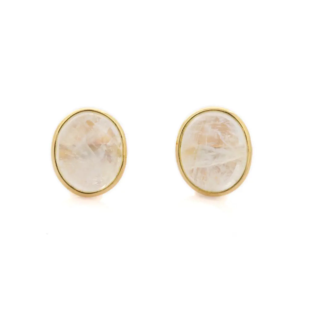 Trending Jewelry Natural Rainbow Moonstone 18K Solid Yellow Gold Stud Earrings