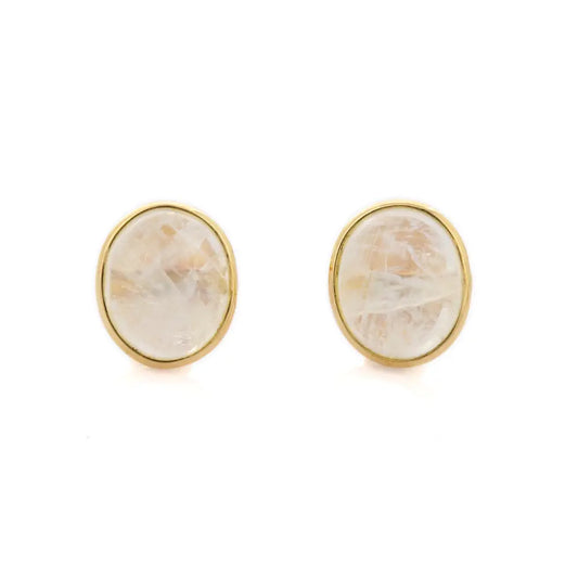 Trending Jewelry Natural Rainbow Moonstone 18K Solid Yellow Gold Stud Earrings