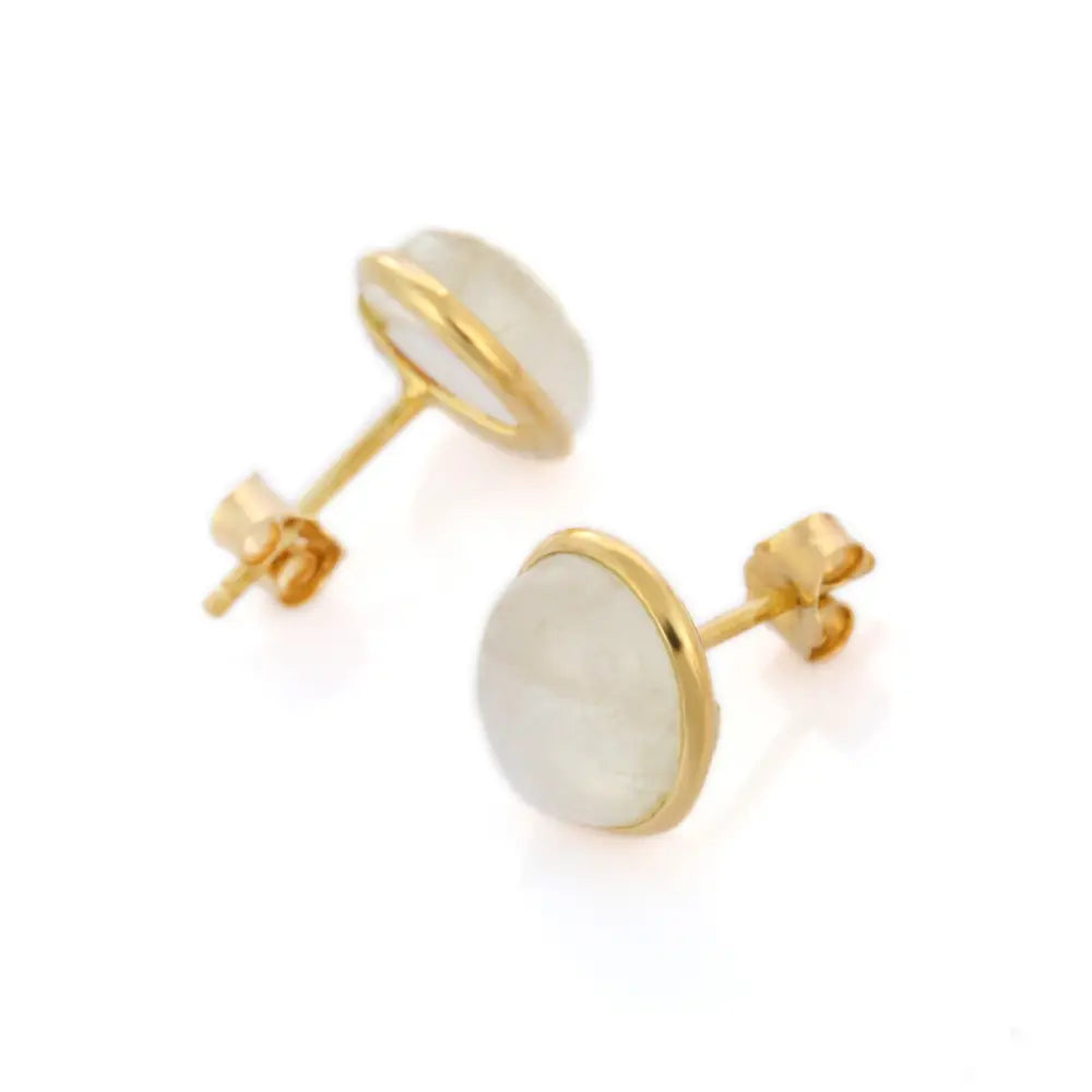 Trending Jewelry Natural Rainbow Moonstone 18K Solid Yellow Gold Stud Earrings