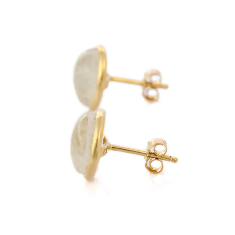 Trending Jewelry Natural Rainbow Moonstone 18K Solid Yellow Gold Stud Earrings