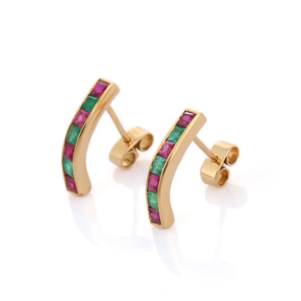 Fashionable Jewelry Natural Ruby & Emerald 18k Solid Yellow Gold Stud Earrings