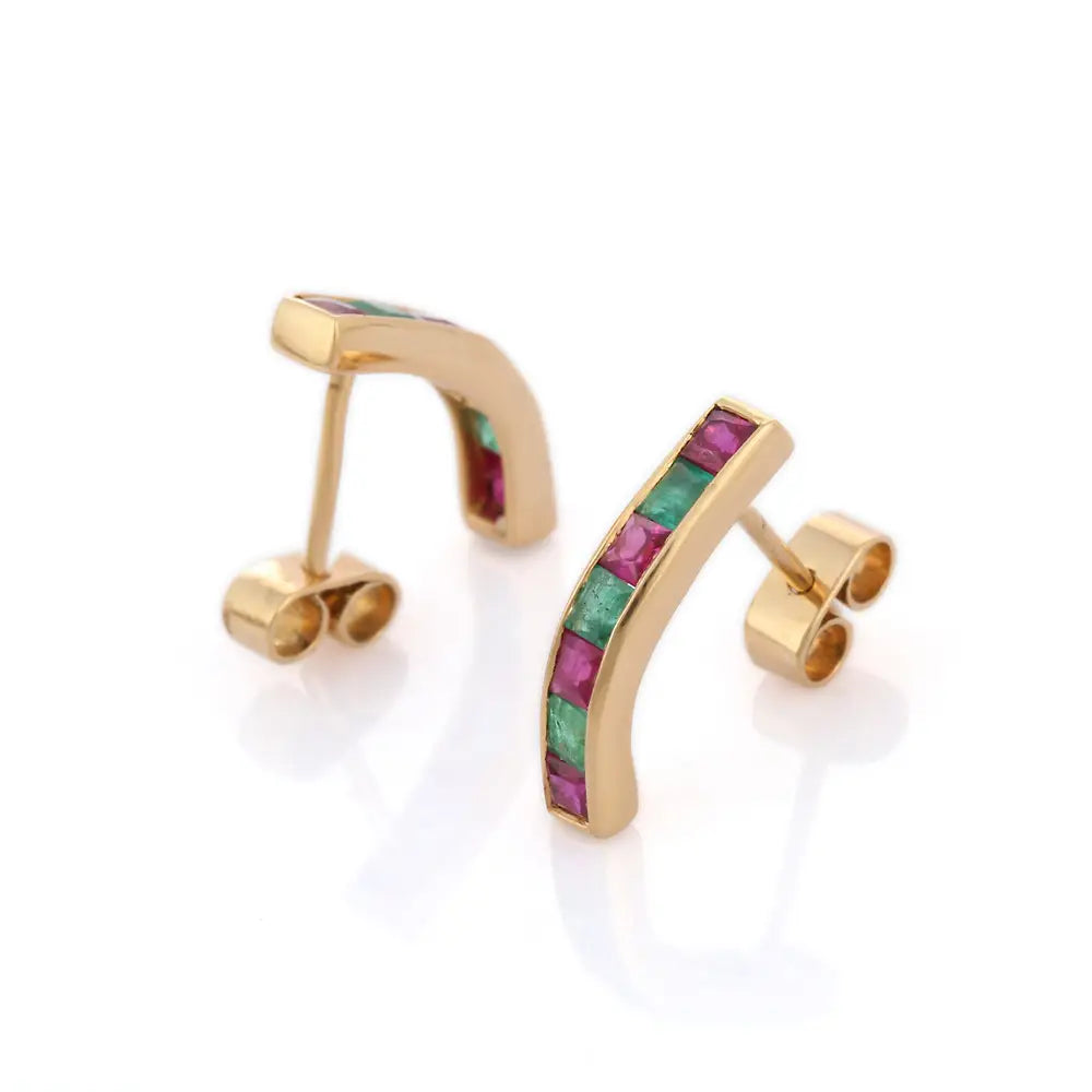 Fashionable Jewelry Natural Ruby & Emerald 18k Solid Yellow Gold Stud Earrings