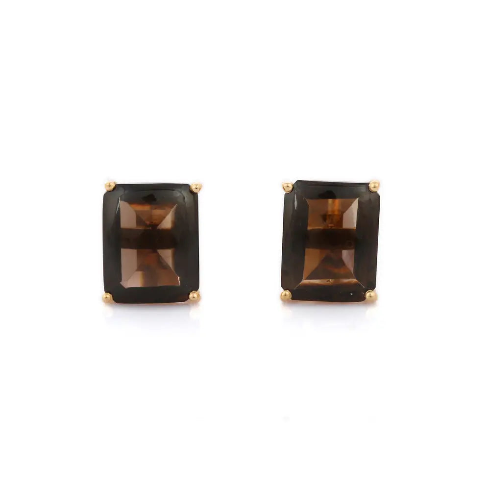 Classic Hot Selling Product Natural Smoky Topaz 14K Solid Yellow Gold Stud Earring