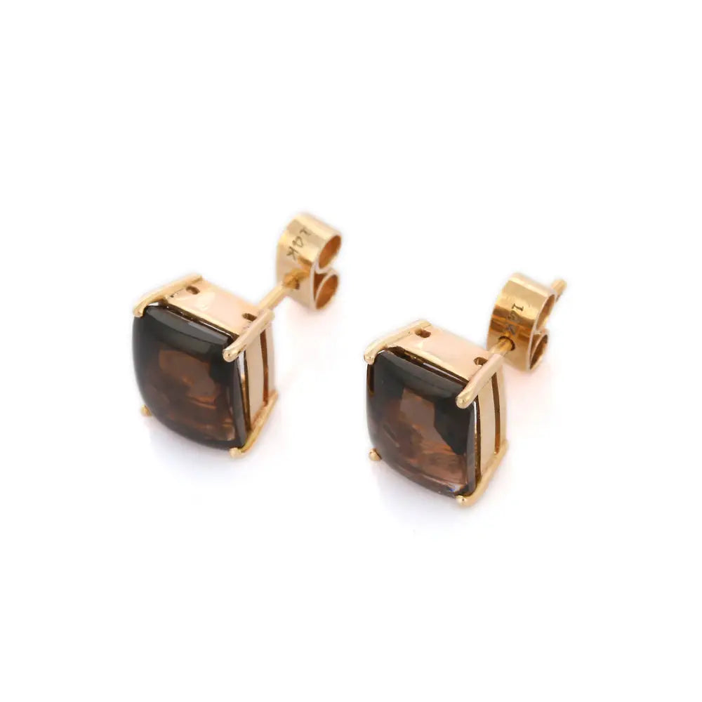 Classic Hot Selling Product Natural Smoky Topaz 14K Solid Yellow Gold Stud Earring