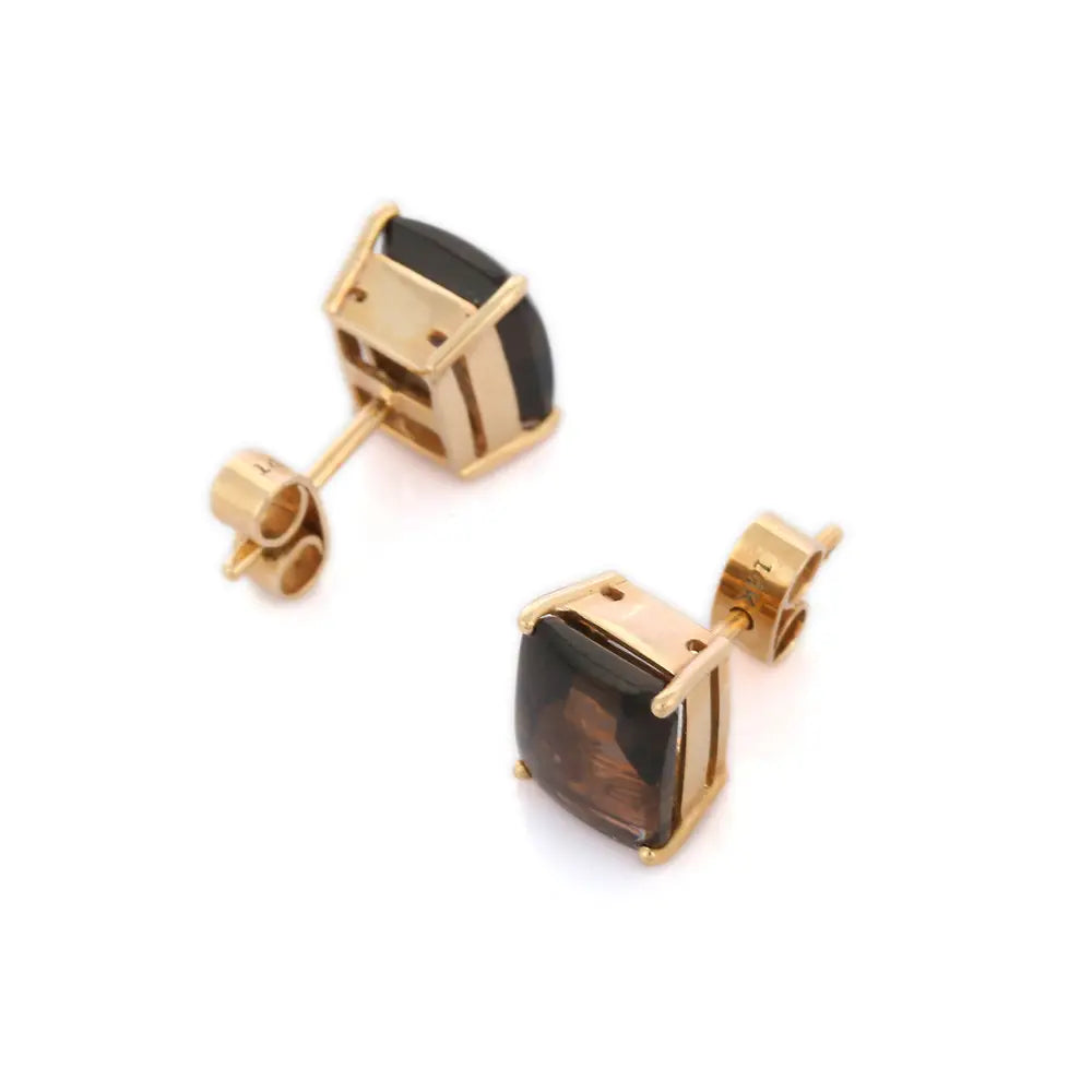 Classic Hot Selling Product Natural Smoky Topaz 14K Solid Yellow Gold Stud Earring