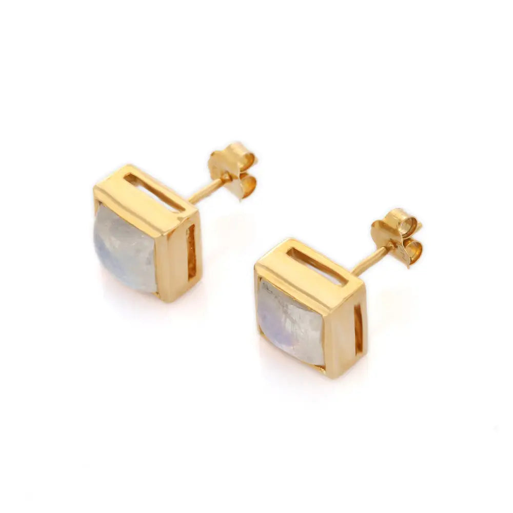 Custom Jewelry Natural Rainbow Moonstone 14K Fine Yellow Gold Stud Earrings