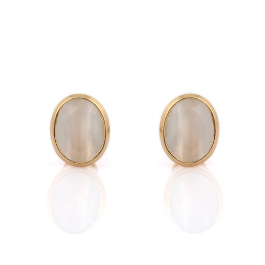 Handcrafted Natural Rainbow Moonstone 14K Fine Yellow Gold Minimal Stud Earrings