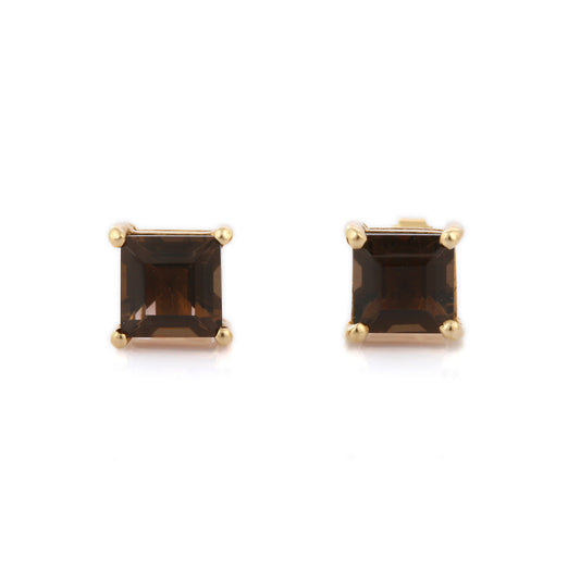 Handmade Jewelry Natural Smoky Topaz 14K Solid Yellow Gold Stud Earring