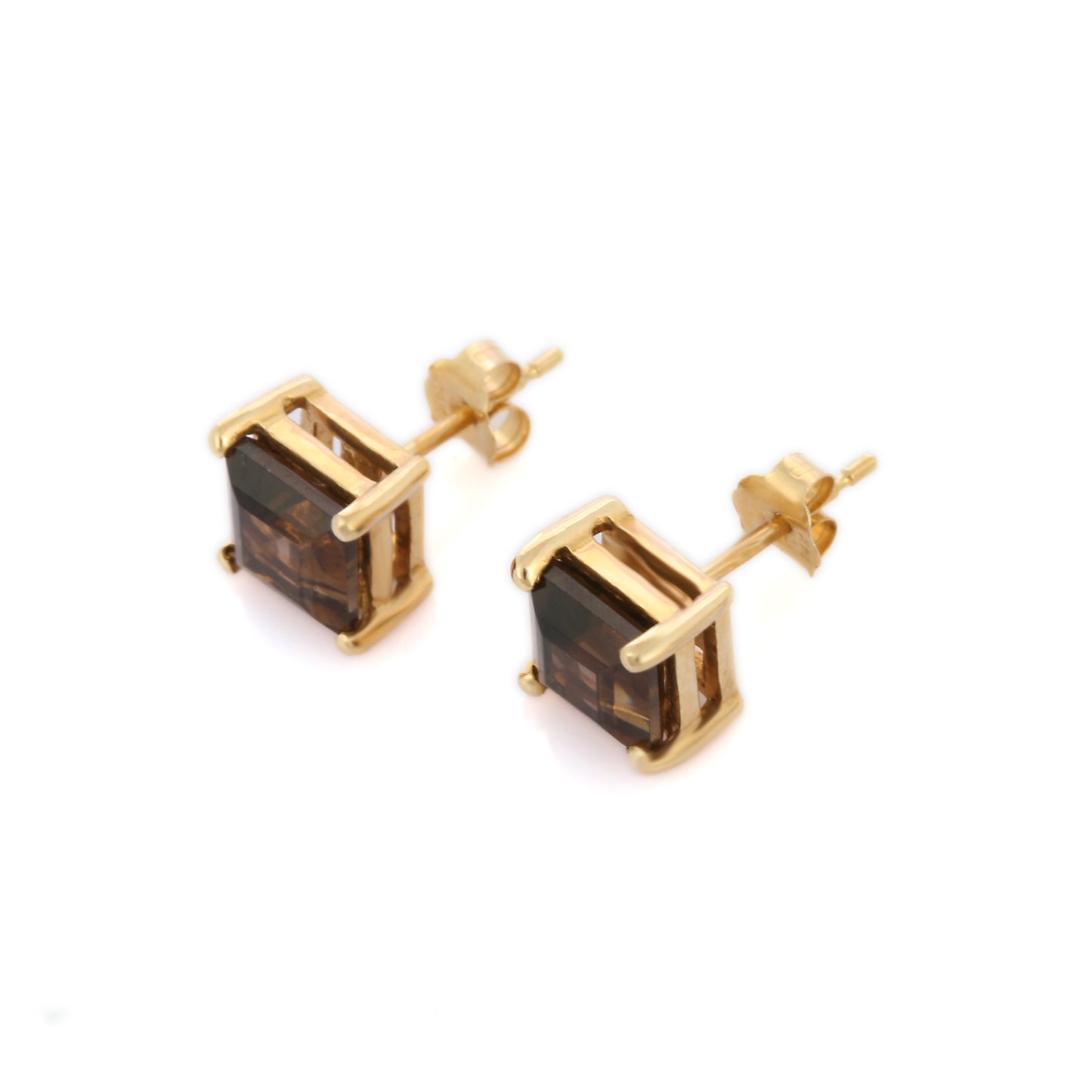 Handmade Jewelry Natural Smoky Topaz 14K Solid Yellow Gold Stud Earring