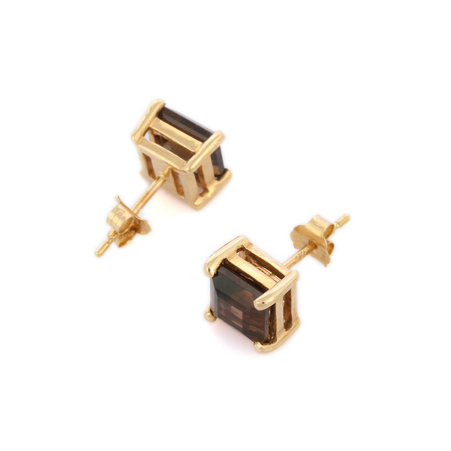 Handmade Jewelry Natural Smoky Topaz 14K Solid Yellow Gold Stud Earring