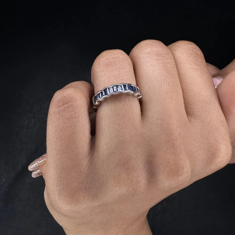 Handmade Jewelry Natural Blue Sapphire 18K Solid White Gold Half Eternity Band Ring